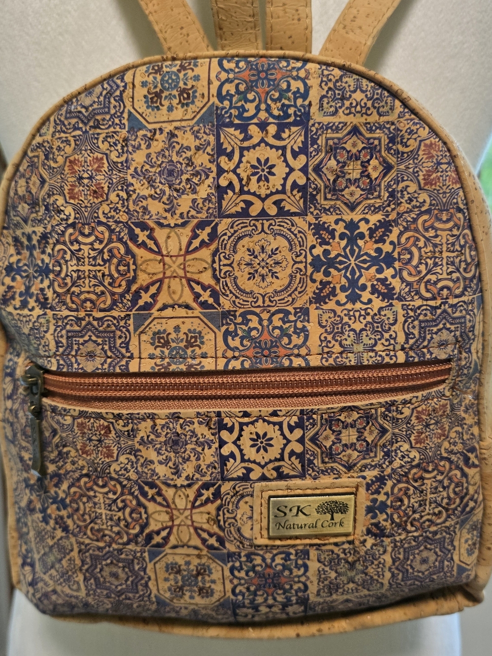 SK Natural Cork Mini Backpack featuring a traditional Portuguese Azulejo tile